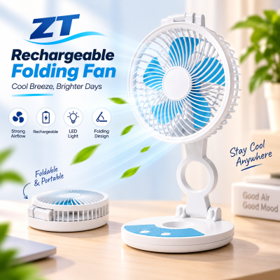 ZT Rechargeable Folding Desktop Fan with Integrated LED Light – Portable Foldable Pocket Cooling Fan with Adjustable Speed, USB Charging & Silent Operation